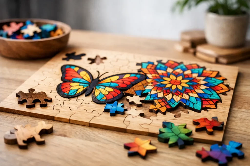 Puzzle aus Holz mit farbigen Motiven vorgestellt