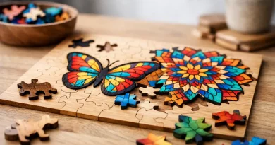 Puzzle aus Holz mit farbigen Motiven vorgestellt