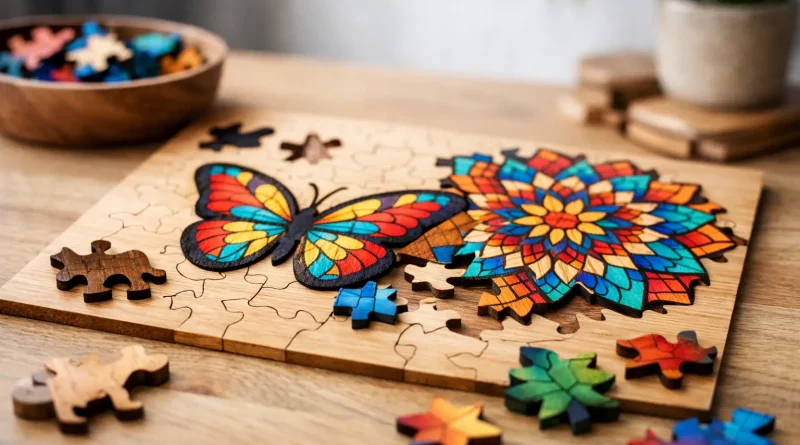 Puzzle aus Holz mit farbigen Motiven vorgestellt